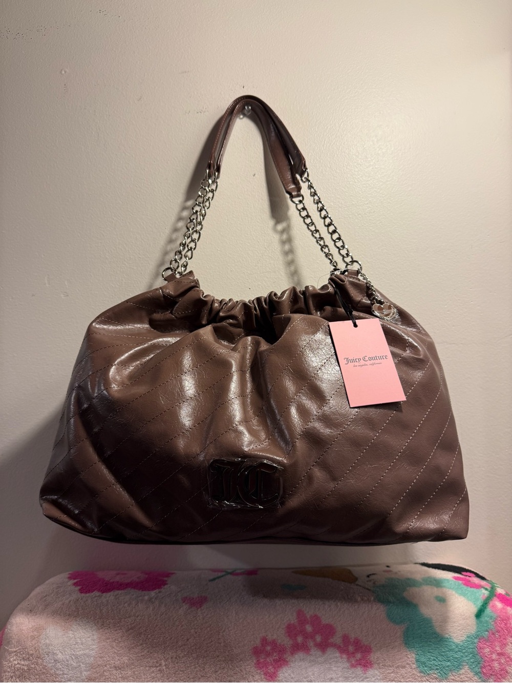 Juicy Couture Soft Spoken Tote bag color iced coffee with silver chain NWT